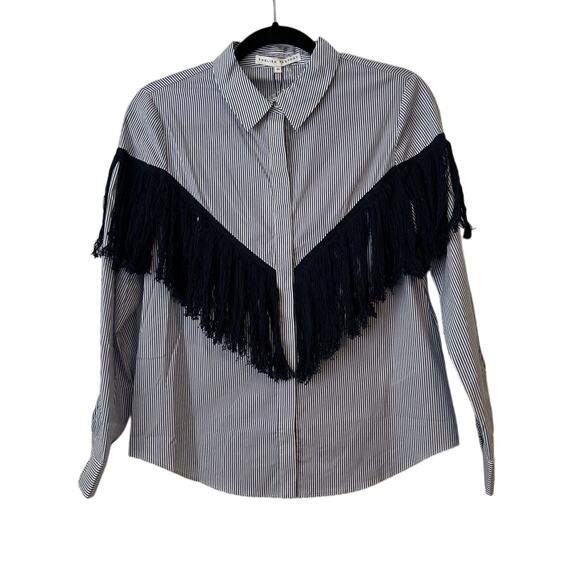 English Factory Tops - NWT English Factory Blue White Pinstripe Long Sleeve Button Up Shirt Fringe -XS